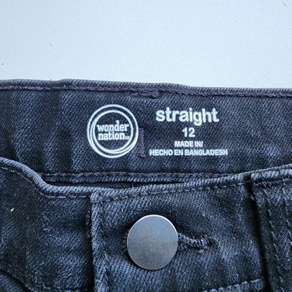 Wonder Nation Jeans Boys Black Denim Stretch Straight Fit Adjastable Waist Sz 12